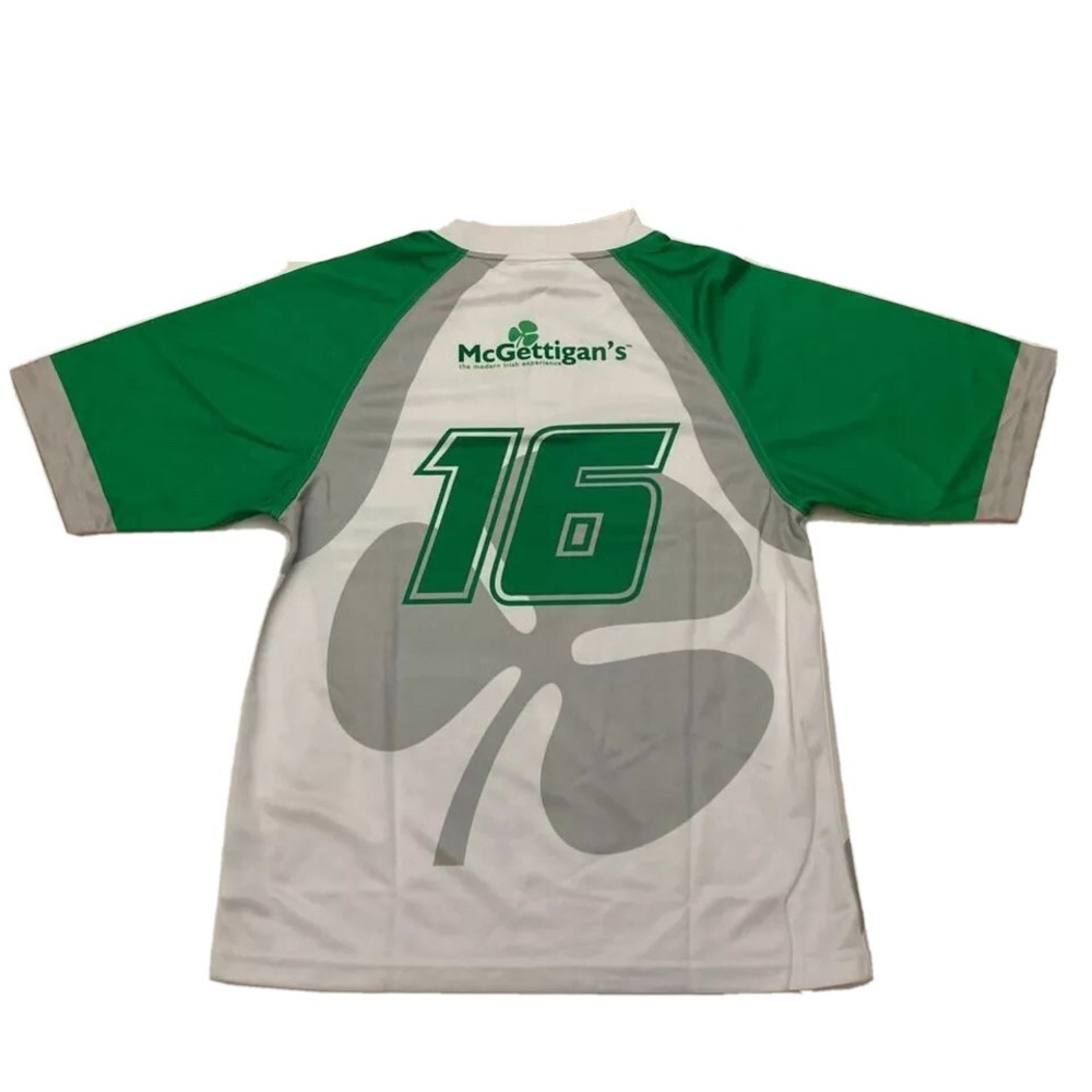 McGettigans Mens Jersey Shirt L White Green Shamrock Clover Short Sleeve Henley - Picture 2 of 7